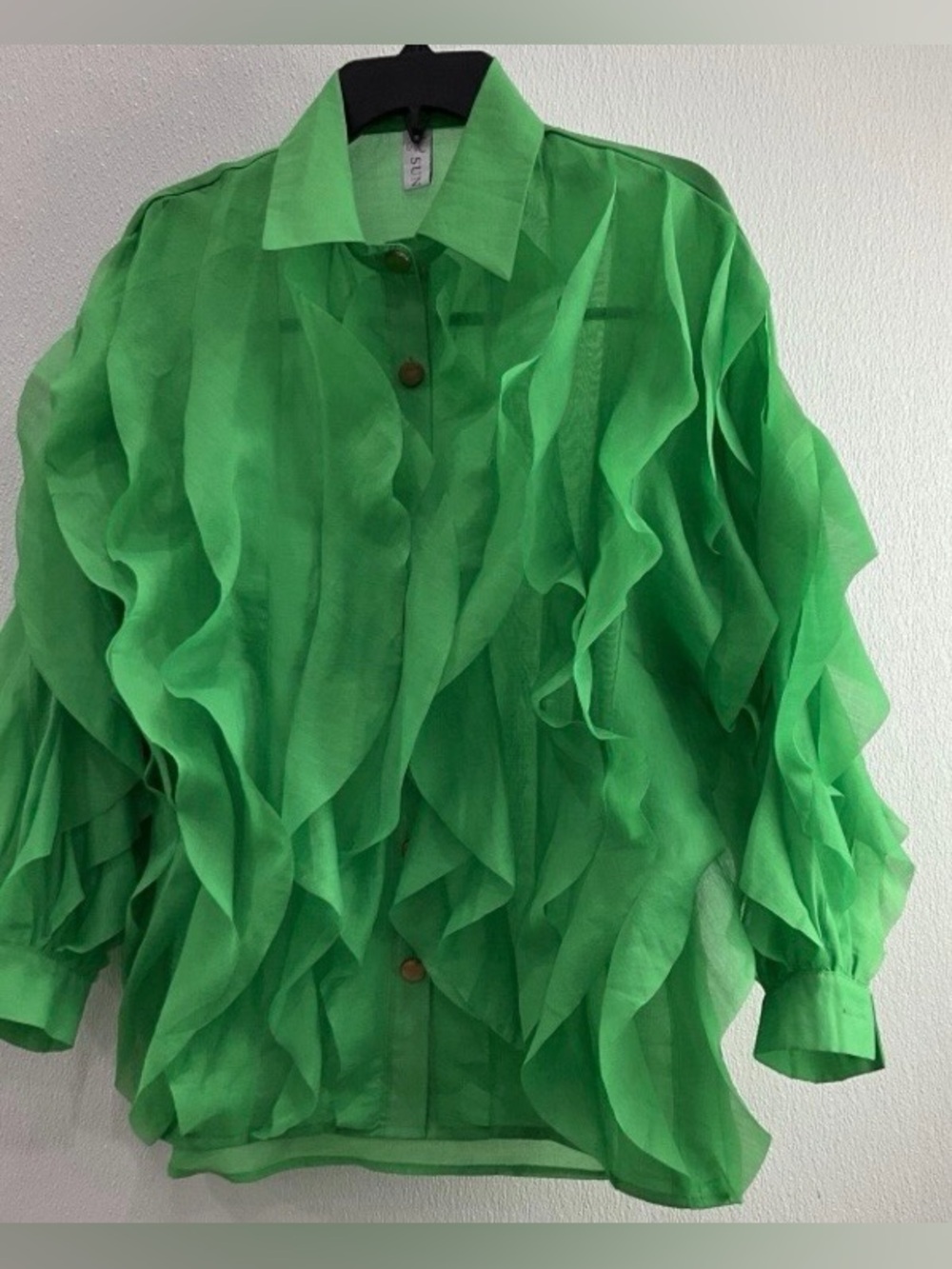 Sun Avant Guard Haute Couture Green Ruffle Sheer Button-Up Blouse XL - Picture 3 of 4